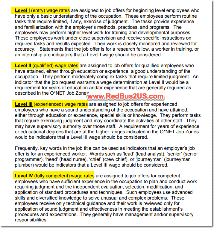 H1B Wage Levels Definition from the Prevailing Wage Determination Policy Guidance
