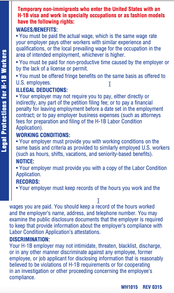 H1B Worker Rights as per US Department of Labor