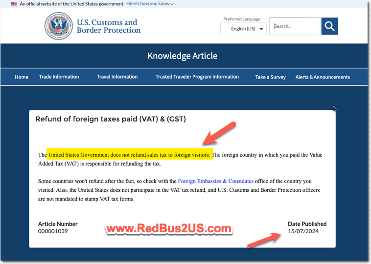 US Tax Refund for Foreginers Visiting USA - Guidance from CBP