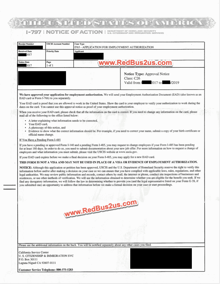 Sample H4 EAD Approval Notice – I797 Form by USCIS