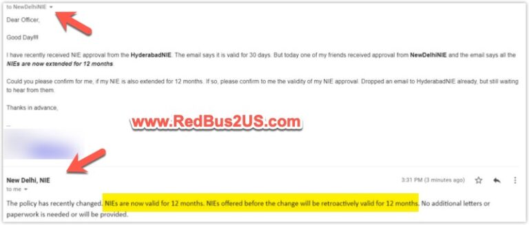 NIE 12 Months Rule to Travel to US from India. NIE Annotation, Email