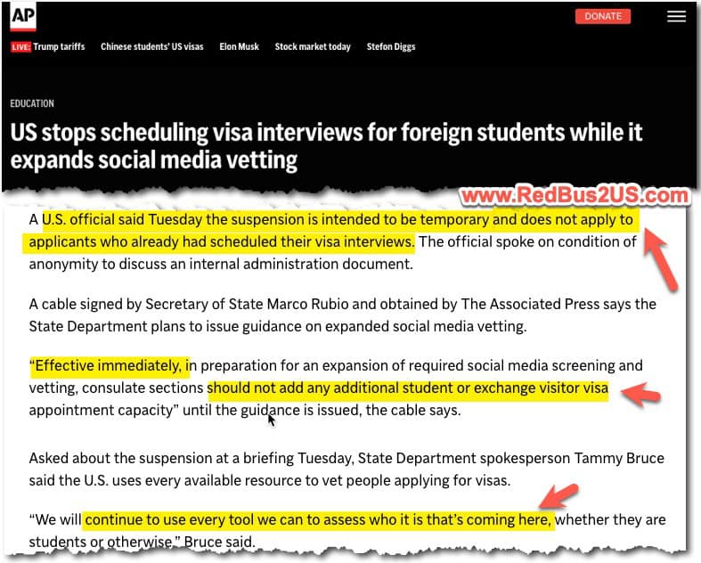 AP News - US Stops Scheduling of US Visa Interviews