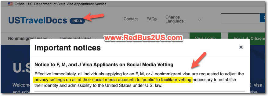 Notice to F, M and J Visa applicants on Social Media Vetting