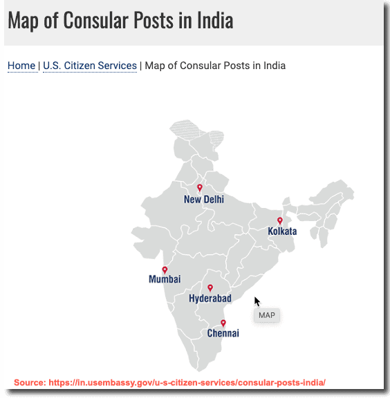 Map of US Consular Posts - Embassy Locations in India