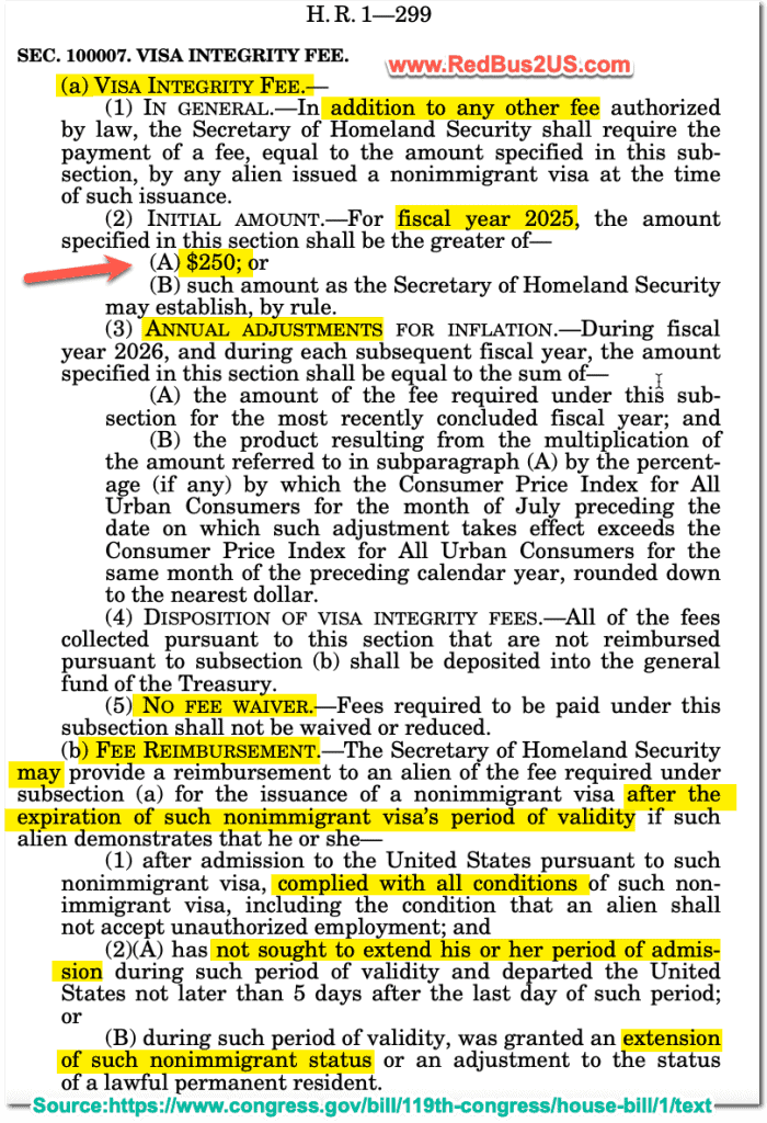 Visa Integrity Fee Section from HR 1 - Big Beautiful Bill - 2025