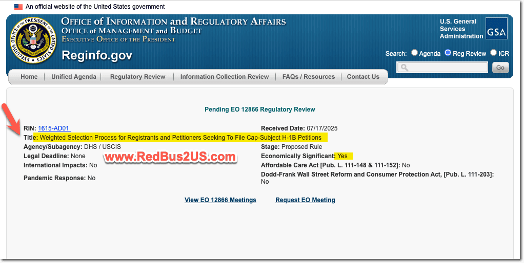Weighted Selection Process for H1B Lottery Regulation Info as on Reginfo Gov website