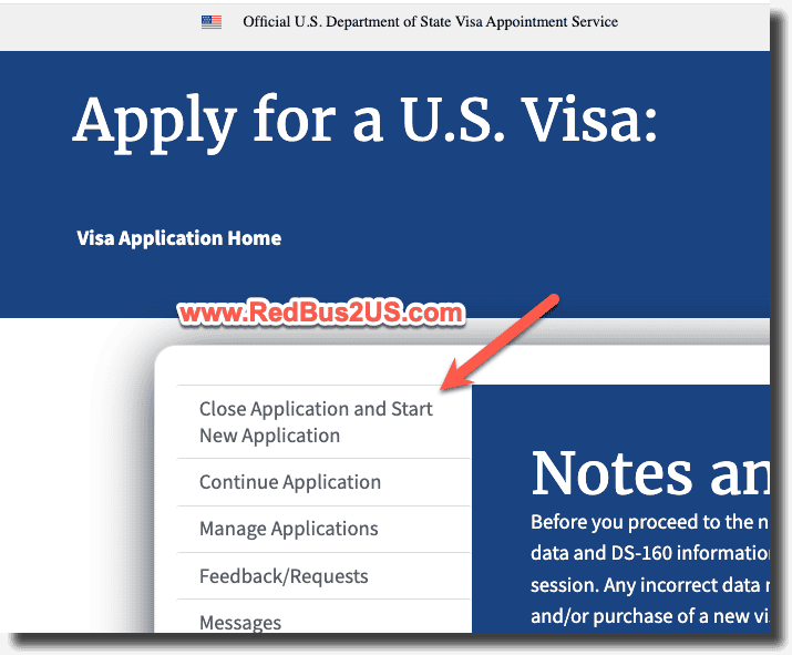 Close Application and Start New Application Option on the USVisaScheduling Website