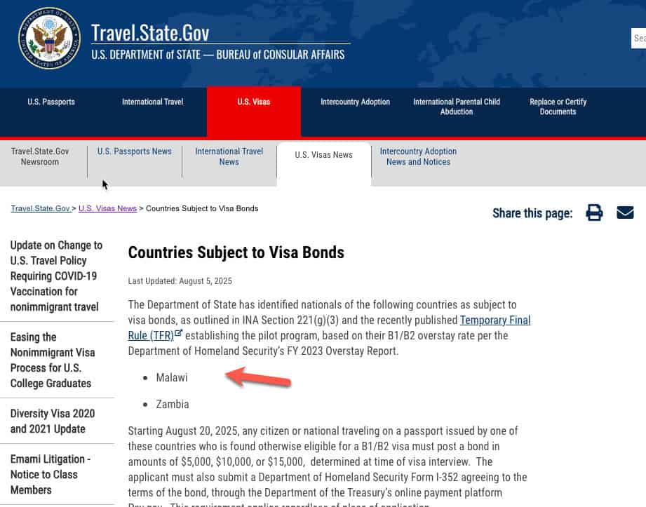 Countries Subject to Visa Bond Pilot Program