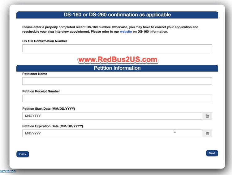 DS-160 and Petition Information Screen on USVisaScheduling Website