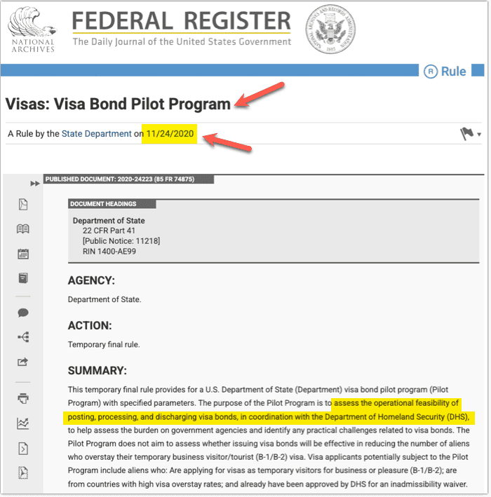 Visas - Visa Bond Pilot Program from 2020 by Trump Administration - First Term