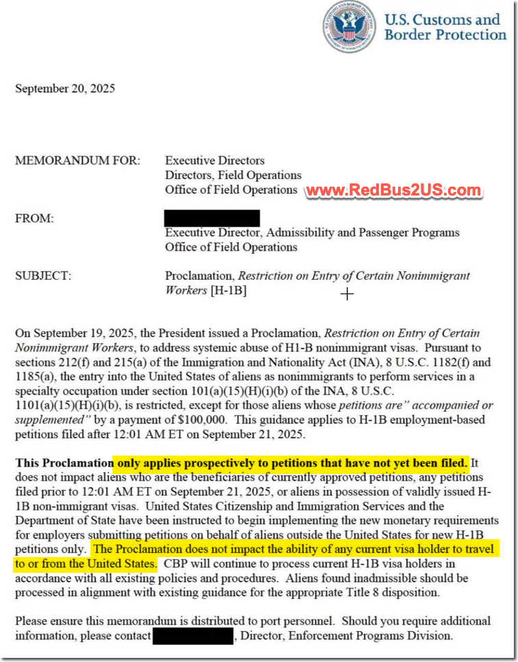 CBP Guidance on the Trump Administration H1B 100K USD Fee Proclamation - Next Steps