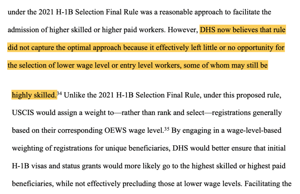 Change in the Selection Process to include the Low wage workers who may be high skilled - Text from the proposed Regulation