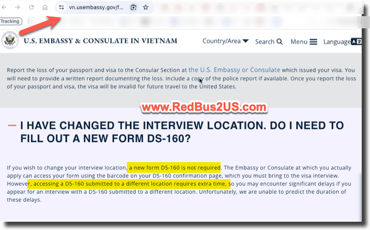 DS 160 Change Location Guidance from US Embassy in Vietnam