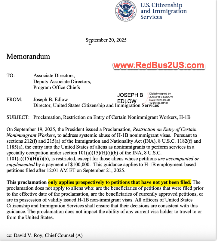 USCIS Guidance on the Trump Administration H1B 100K USD Fee Proclamation