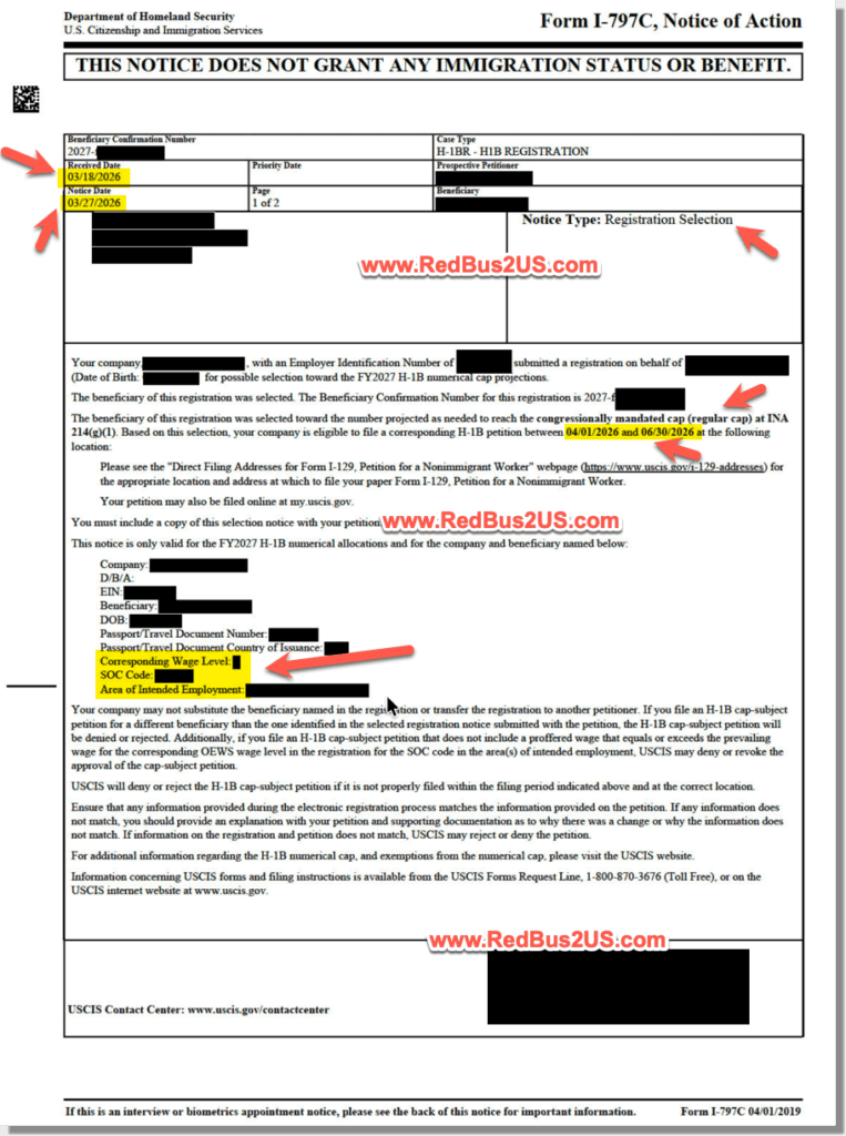 Actual H1B Selection Notice FY 2027 - Page 1
