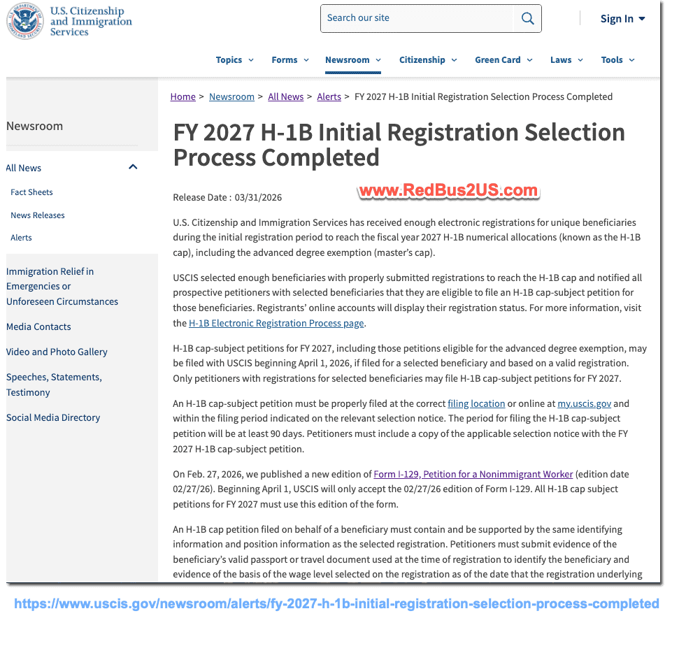 H1B 2027 Lottery Completed USCIS Press Release