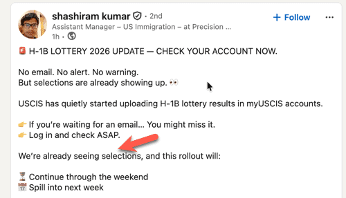 H1B Lottery 2027 update results from Corporate Immigration manager