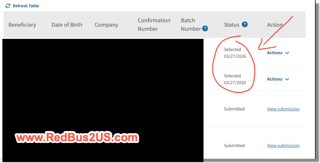 H1B Lottery Selection Screen on USCIS Website