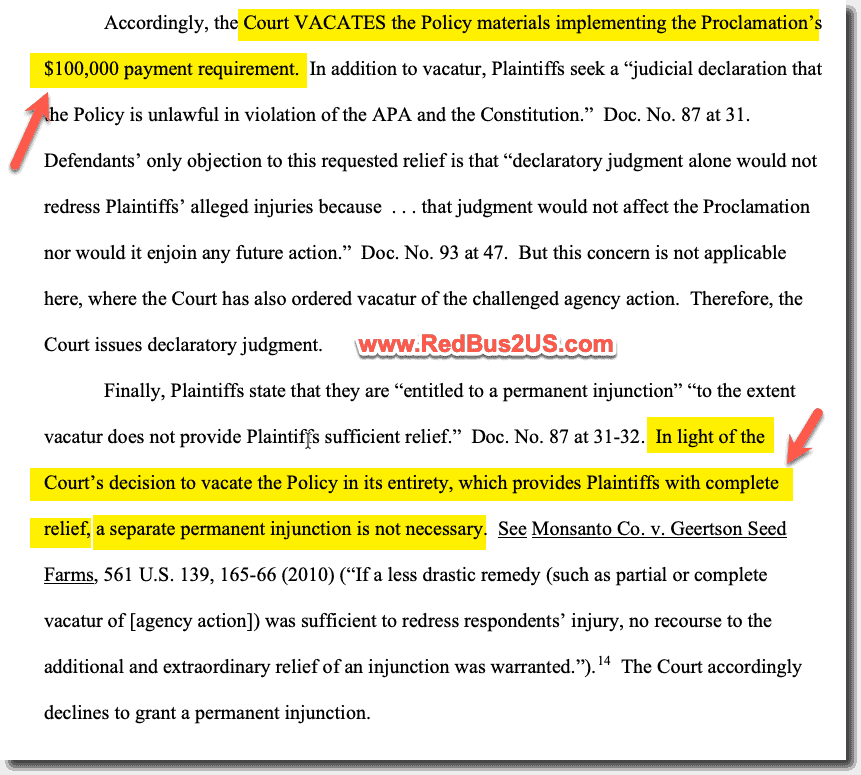 Court Decision on no need for injunction and Vacating the Policy Materials