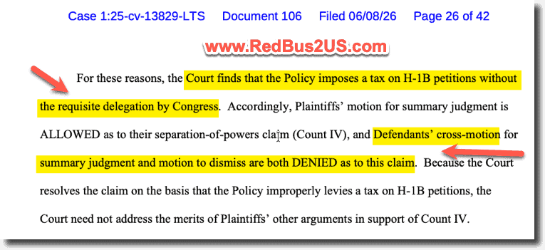 Taxation can be only authorized by Congress argument Point - 100K Fee H1B Lawsuit Judgement