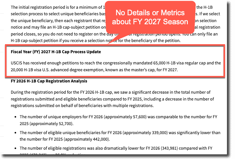 No H1B Numbers released for FY 2027 Season by USCIS
