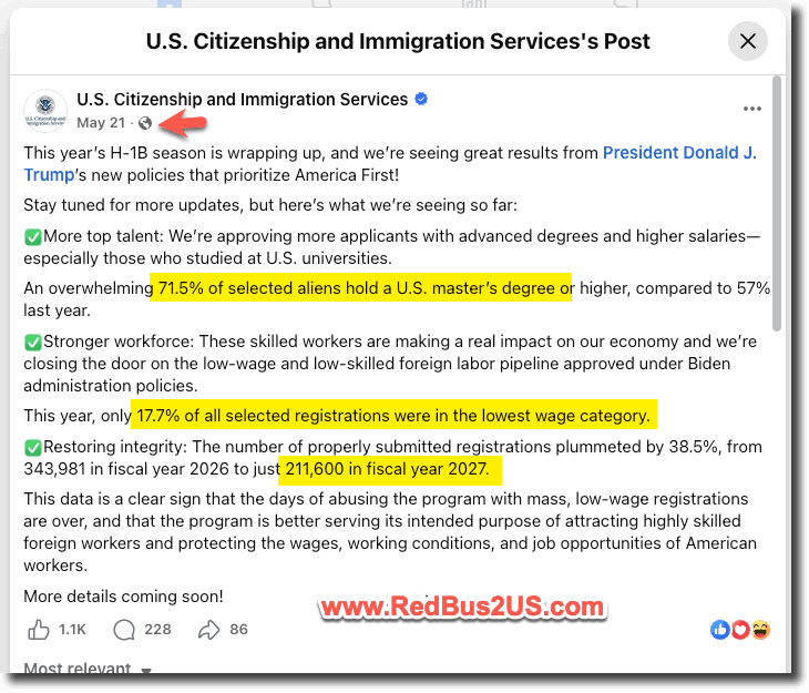 USCIS Facebook Post with details about the H1B FY 2027 Numbers