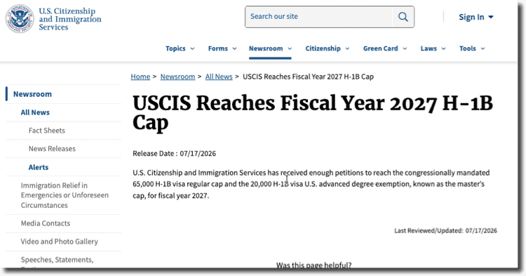 USCIS H1B 2027 Alert on Cap Reached