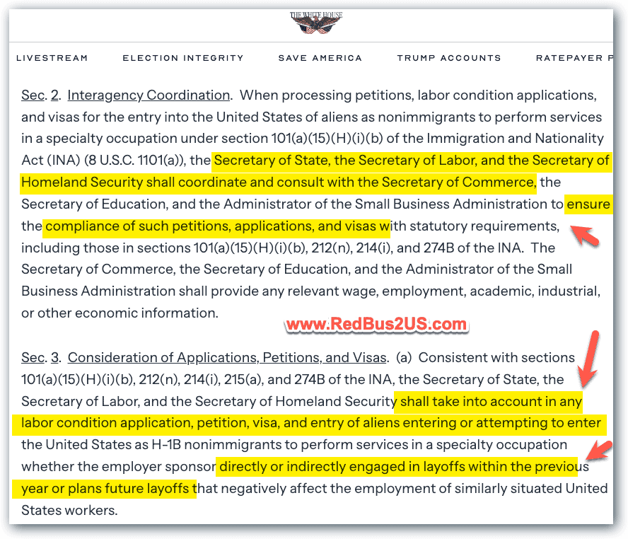 Consider Layoffs in a Company for H1B Approvals, Visa - Coordinate with Agencies - Executive Order