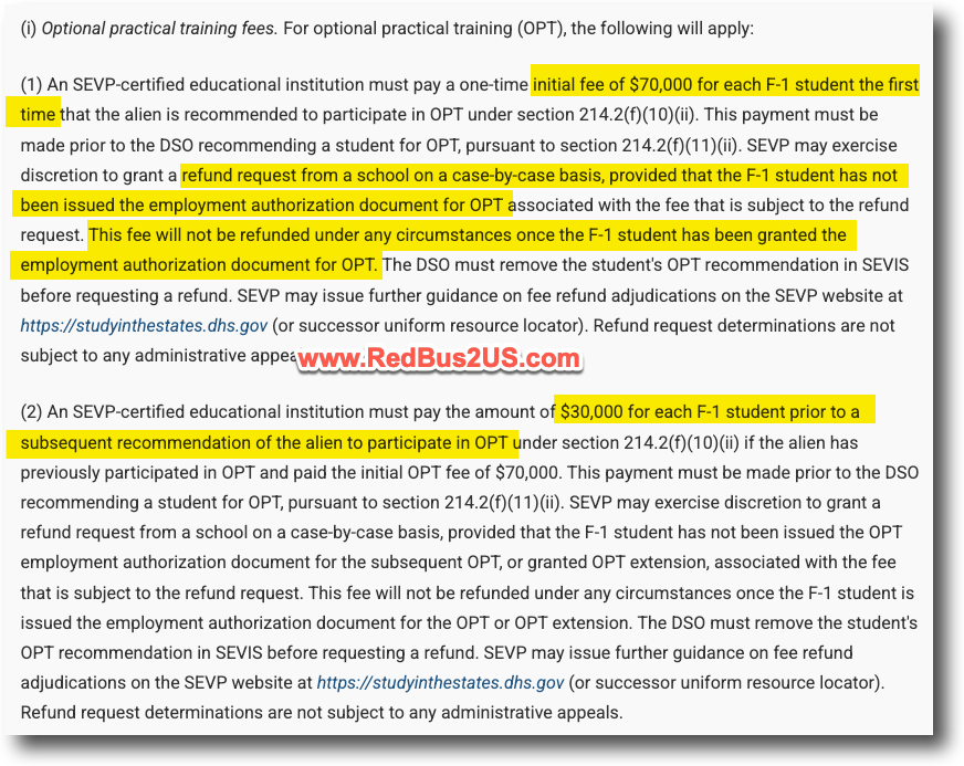 F1 OPT Fee USD 70K and 30K - How it works - Regulation Text